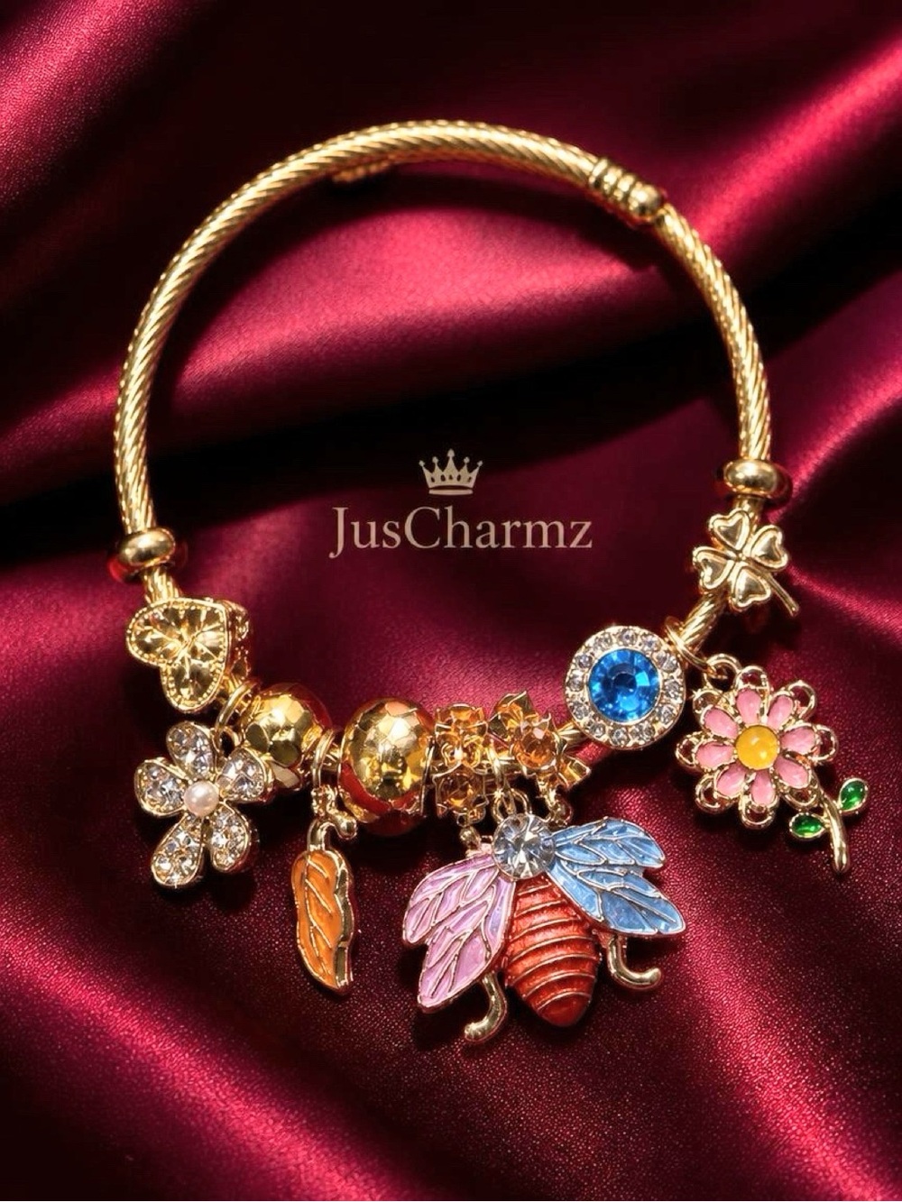 Gold Flower & Bee Charm Bracelet - Pink Blue Accents
